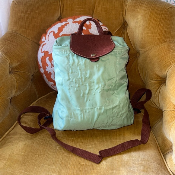 Longchamp Le Pliage Original Foldable Backpack Pretty Green with Brown Leather - Picture 3 of 16